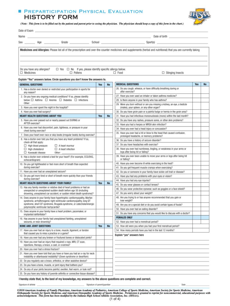 Indiana Sports Physical Form 2023 SIP